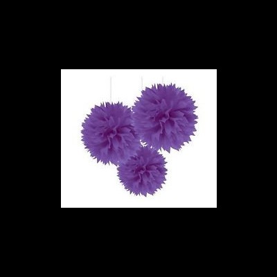 Três pompons decorativos roxos de papel de seda pendurados