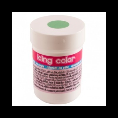 Frasco branco de pasta de corante alimentar Icing Color com rótulo rosa e azul