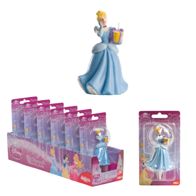 Figura da personagem Cinderela com vestido azul em embalagem cartão roxo Disney