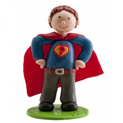 Boneco de super-herói com capa vermelha e símbolo amarelo e vermelho no peito.