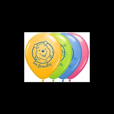 Balões coloridos com estampa do urso Pooh e texto bee friendly