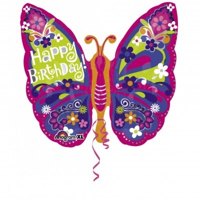 Balão borboleta colorido com texto Happy Birthday