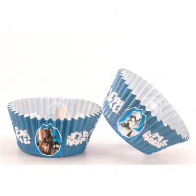 Copos de papel para bolos Star Wars com fundo azul e personagens