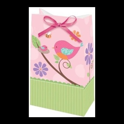 Sacola de papel decorativa rosa e verde com pássaros e flores