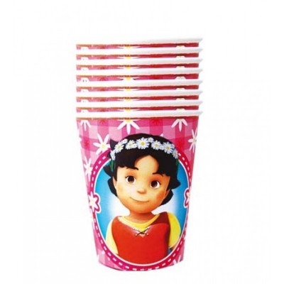 Conjunto de copos descartáveis rosa com personagem de desenho animado e margaridas