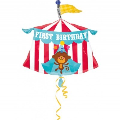 Balão tenda de circo vermelho e branco com texto FIRST BIRTHDAY e desenho de macaco de festa