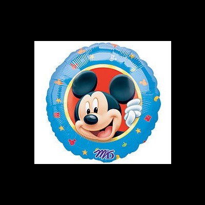 Balão redondo azul com Mickey Mouse desenhado ao centro