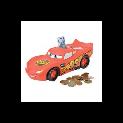 Cofre em forma de carro vermelho com o número 95 e slot para moedas no topo