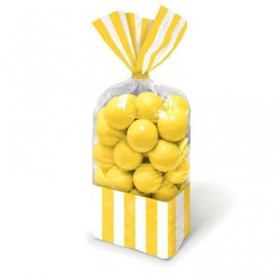 Saco transparente com bolas amarelas dentro e embalagem riscada em amarelo e branco