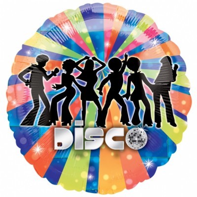 Balão redondo colorido com silhuetas a dançar e texto DISCO