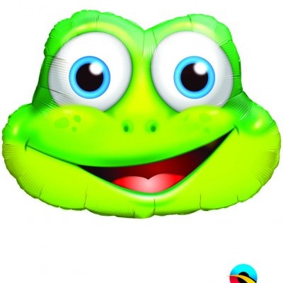 Balão metálico rosto de sapo verde com olhos grandes azuis