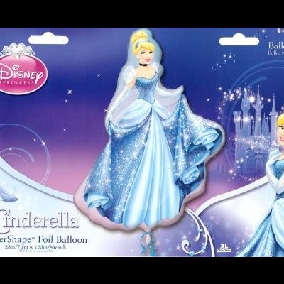 Balão de folha Cinderela azul claro com fundo roxo e texto Disney Princess