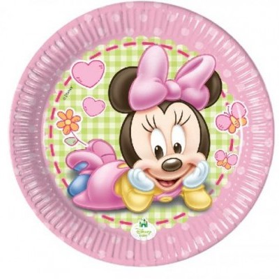 Prato de papel rosa com imagem da Minnie Mouse e elementos decorativos