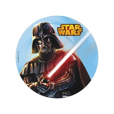 Darth Vader com sabre de luz vermelho e logo STAR WARS