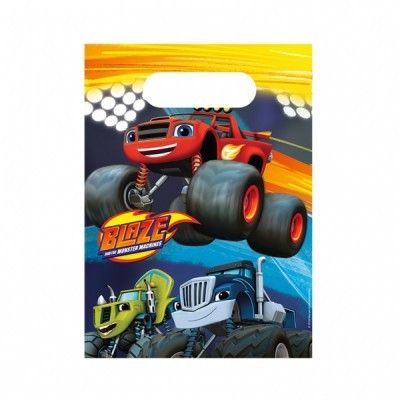 Saco plástico colorido com personagens de carros-monstro e texto 'BLAZE AND THE MONSTER MACHINES'.
