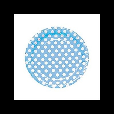 Prato descartável azul com bolinhas brancas