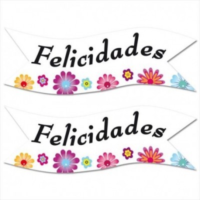 Etiqueta de papel branco com a palavra 'Felicidades' e flores coloridas