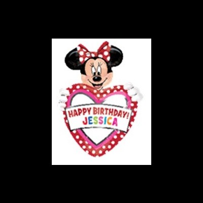 Balão de aniversário da Minnie Mouse com coração e texto colorido