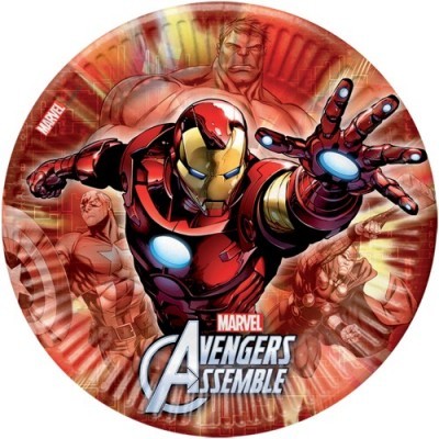 Prato de papel vermelho com personagens dos Avengers e texto Marvel Avengers Assemble