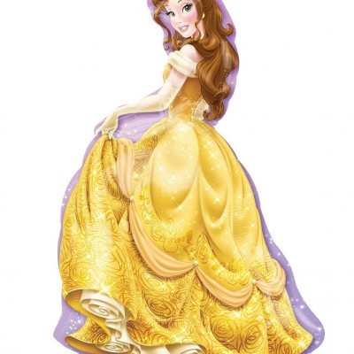 Personagem feminina com vestido amarelo brilhante e cabelo castanho em fundo branco