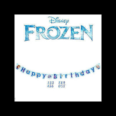 Faixa de festa 'Happy Birthday' com tema Disney Frozen em azul e detalhes de personagens