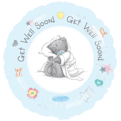 Balão redondo azul claro com ursinho e texto Get Well Soon