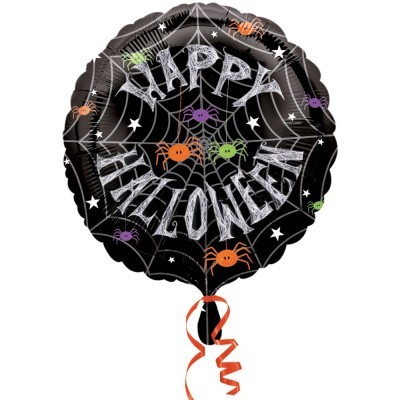 Balão preto com texto HAPPY HALLOWEEN e aranhas coloridas