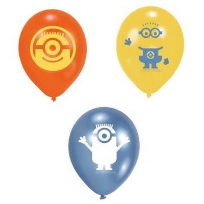 Três balões em cores laranja, amarelo e azul com figuras de Minions.