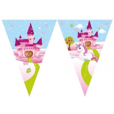 Bandeirola triangular com castelo cor-de-rosa e unicórnio