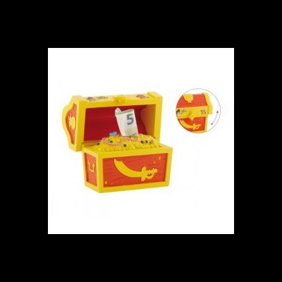 Baú de brinquedo amarelo e vermelho com moedas e nota de papel