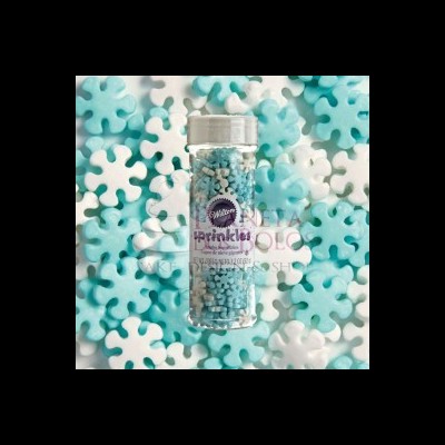 Frasco de confeitos Wilton em formato de floco de neve azuis e brancos