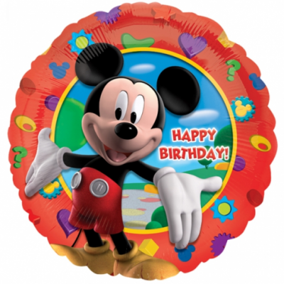 Balão foil redondo com Mickey Mouse e texto HAPPY BIRTHDAY