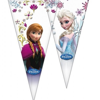 Painéis triangulares com personagens Anna e Elsa do filme Frozen
