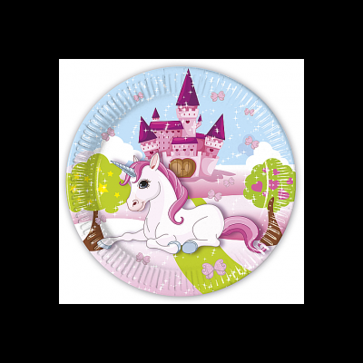Prato descartável redondo com desenho de castelo e unicórnio