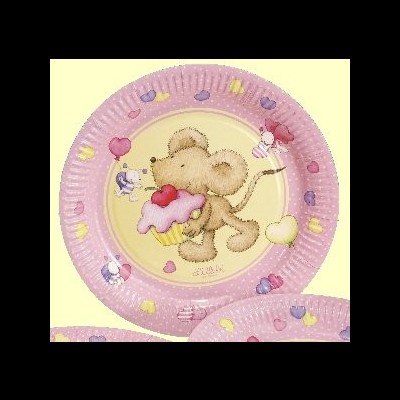 Prato descartável rosa com desenho de rato e cupcake