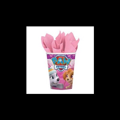 Copo decorado com personagens do PAW Patrol e guardanapos rosa