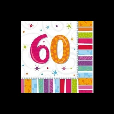 Cartão decorativo com número 60 em rosa e laranja e padrões coloridos nas bordas