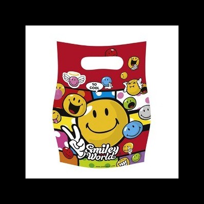 Saco plástico colorido com smileys sorridentes e texto Smiley world