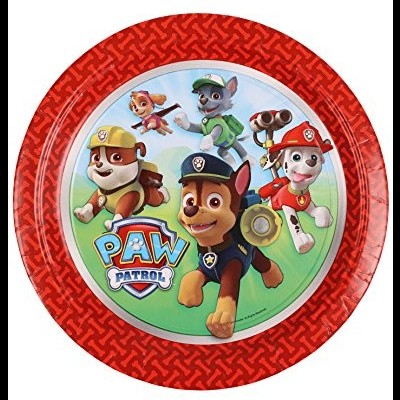 Prato redondo vermelho com personagens Paw Patrol no centro