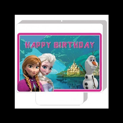 Placa azul com Anna, Elsa e Olaf e texto HAPPY BIRTHDAY