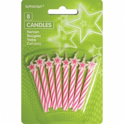 Pacote de velas de aniversário com padrão rosa e branco e estrelas no topo