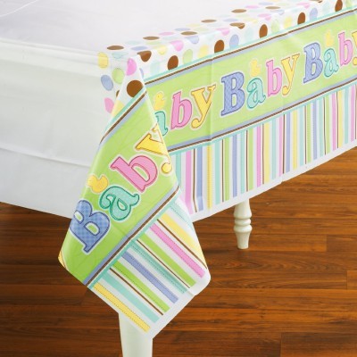 Toalha de mesa colorida com texto Baby e padrões de bolinhas e listras