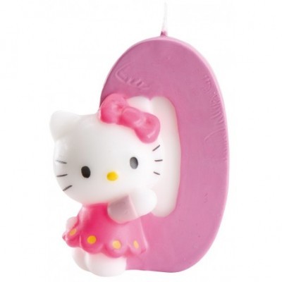 Vela decorativa número 0 com figura da Hello Kitty em rosa e branco