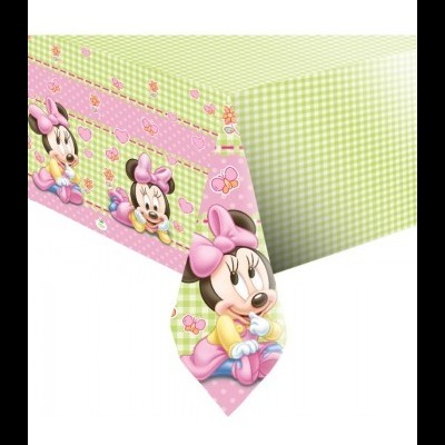 Toalha de mesa verde às quadrículas com faixa rosa e desenhos da Minnie Mouse