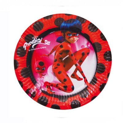 Prato de papel vermelho com pontos pretos e personagem de desenho animado