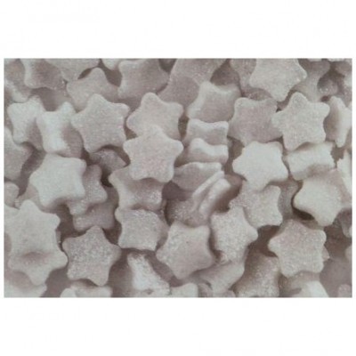 Pequenas estrelas brancas com textura granulada, dispostas em superfície branca