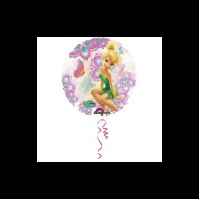 Balão metálico redondo decorado com Sininho, flores e borboletas