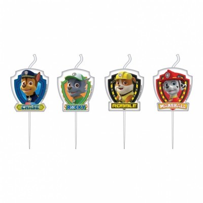 Quatro velas de aniversário com personagens da Paw Patrol e nomes: Chase, Rocky, Rubble e Marshall