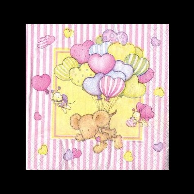 Desenho com ursos e balões em forma de coração em fundo às riscas rosa e branco