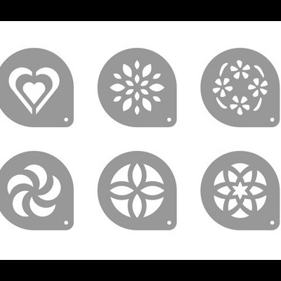 Seis estênceis de plástico cinza com padrões decorativos variados